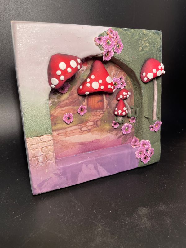 Mushroom Fairy Home - Mixed Media Fantasy Wall Art
