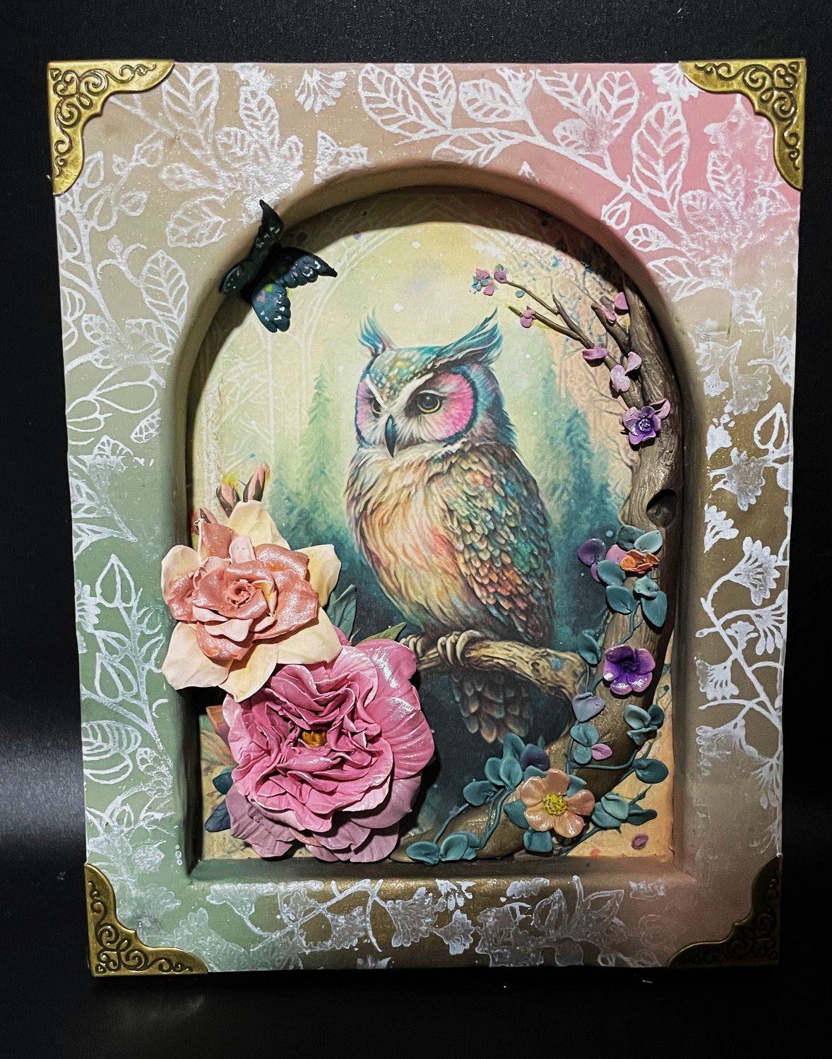 Fantasy Owl with Butterfly - Mixed Media Wall Art