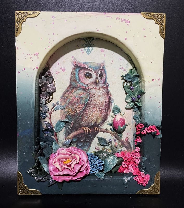 Fantasy Owl with Rose - Mixed Media Wall Art