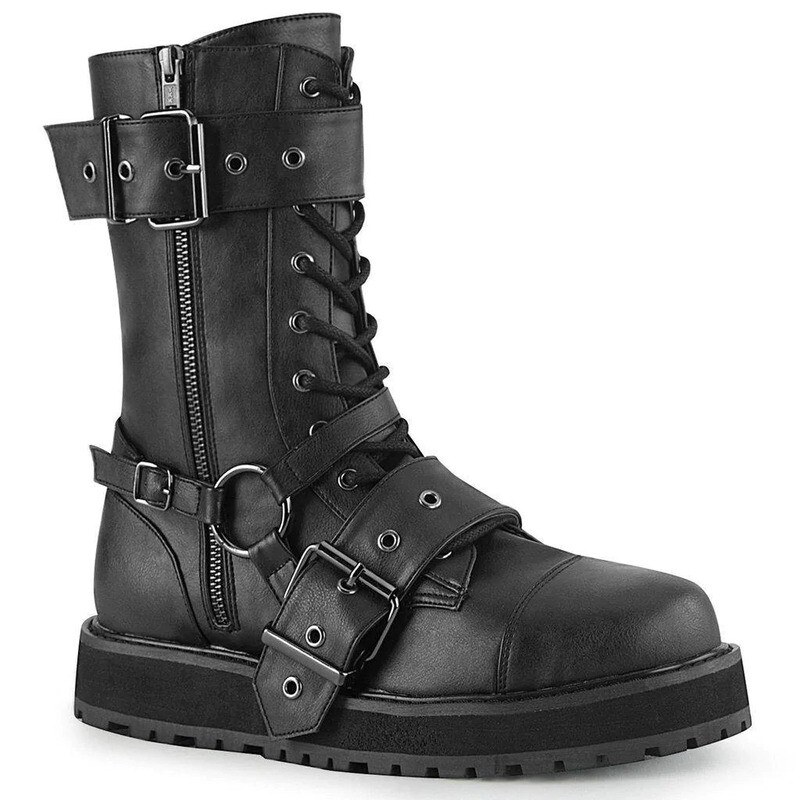 Black Vegan Leather Platform Lace - Up Front Mid - Calf Boots Valor - 220