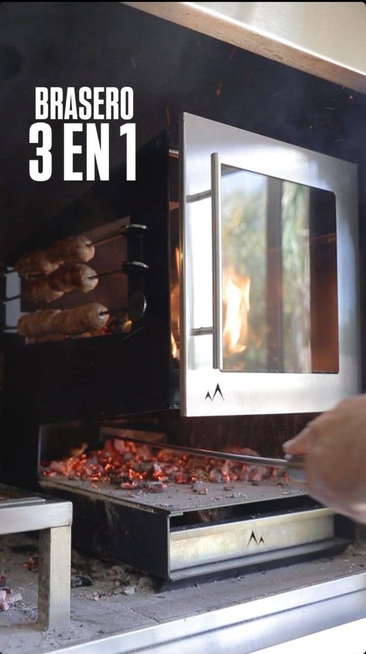 Brasero/Leñero 3 en 1 con puerta de vidrio