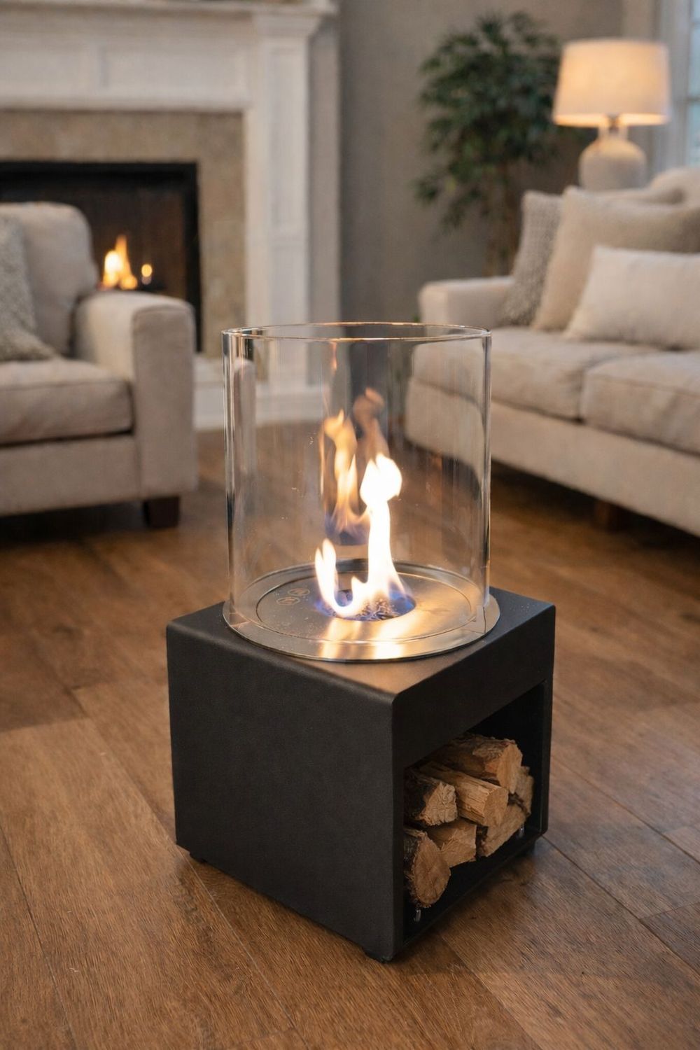 Mesa con faro y espacio para leños