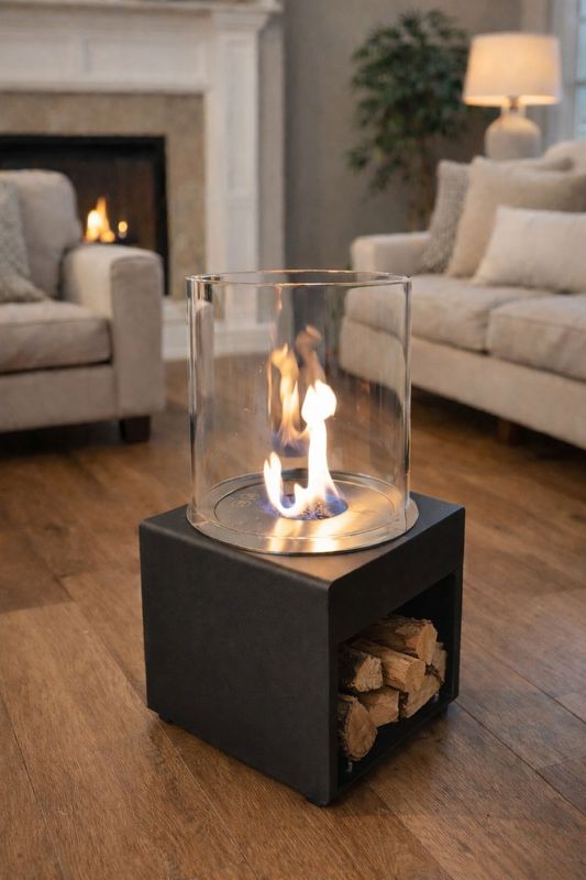 Mesa con faro y espacio para leños