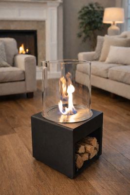 Mesa con faro y espacio para leños