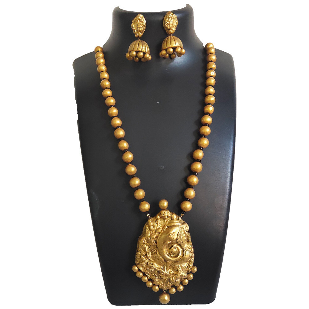Abstract Ganesha Terracotta Jewellery Necklace Set - NH905