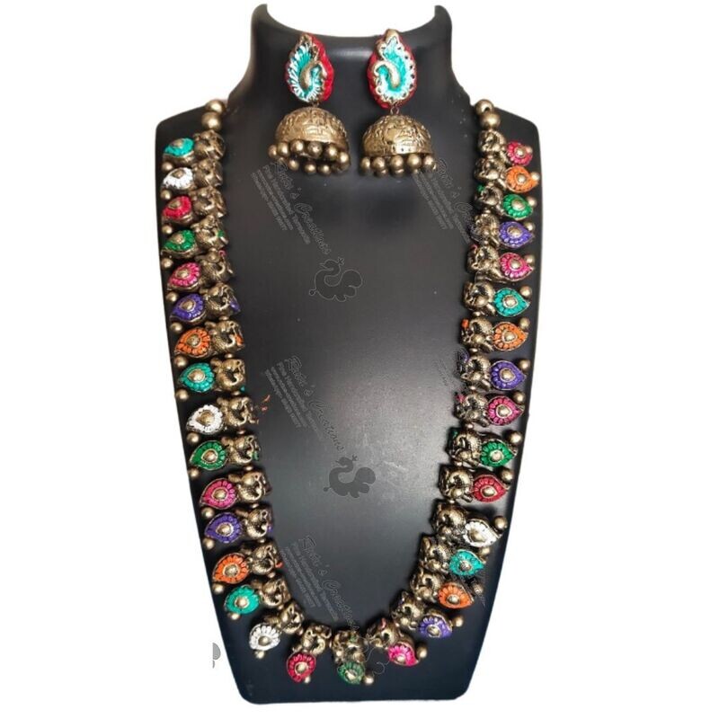 Vintage Terracotta Jewellery Mango Motif Long Necklace Set - NH820