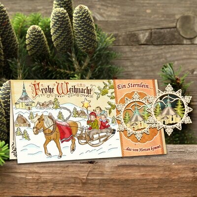 Weihnachtskarte mit Holzanhänger Schlittenfahrt