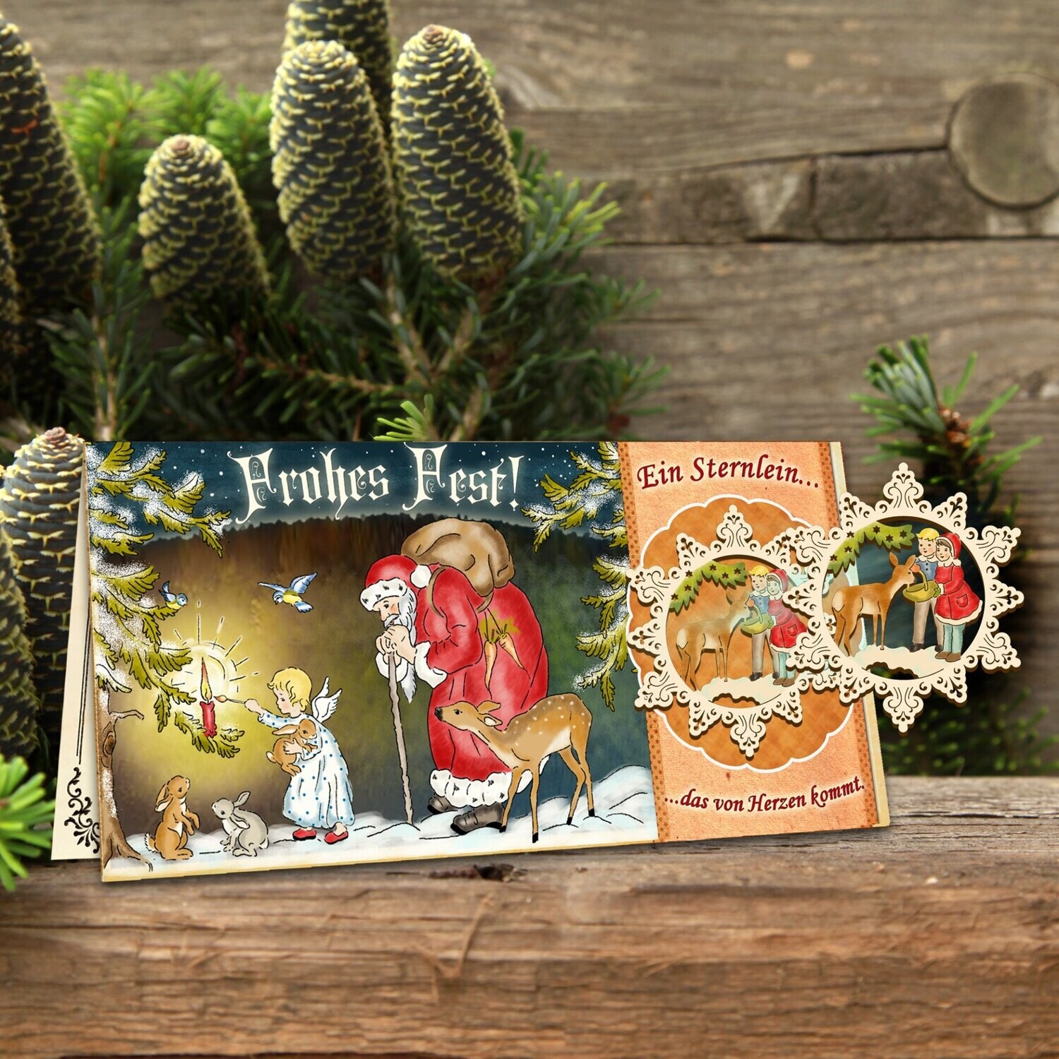 Weihnachtskarte mit Holzanhänger "Christkind im Wald"