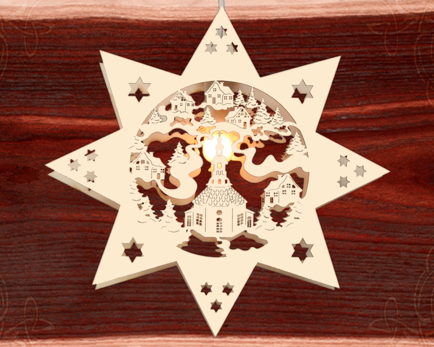 Beleuchtetes Fensterbild  Weihnachten "Seiffener Kirche" Naturholz