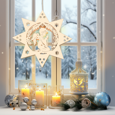 Beleuchtetes Fensterbild Weihnachten "Engel" Naturholz
