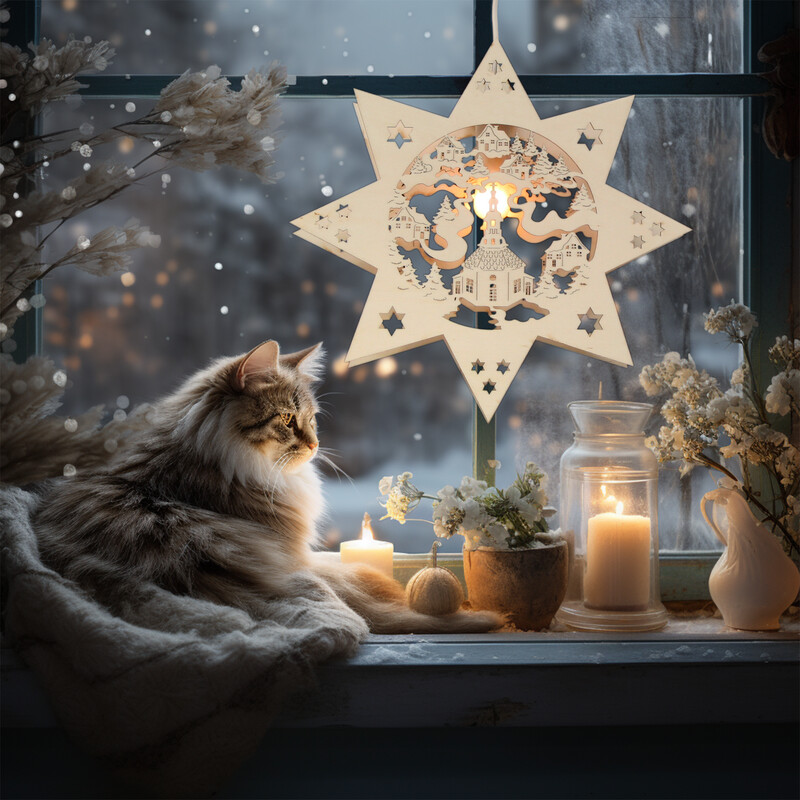 Beleuchtetes Fensterbild  Weihnachten "Seiffener Kirche" Naturholz