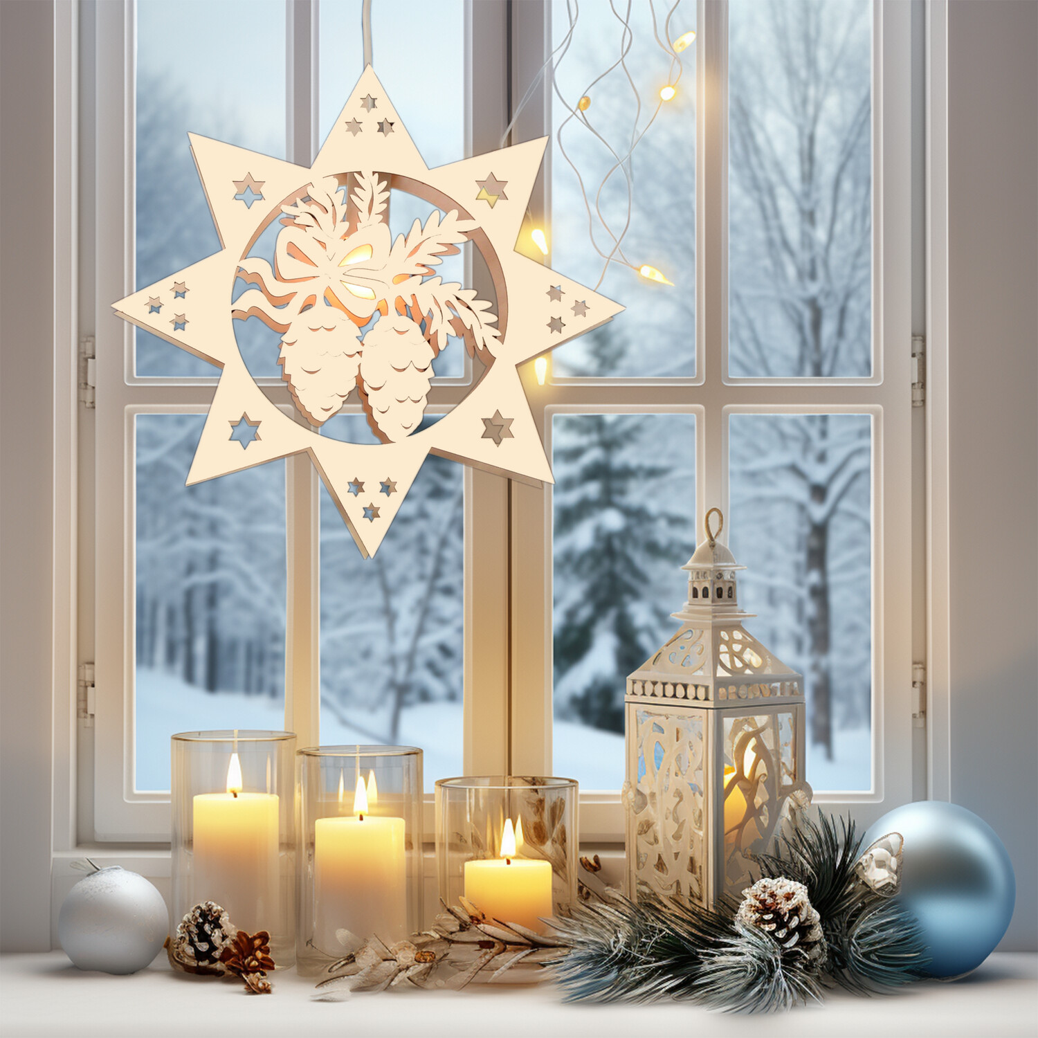 Beleuchtetes Fensterbild  Weihnachten "Tannenzapfen" Naturholz