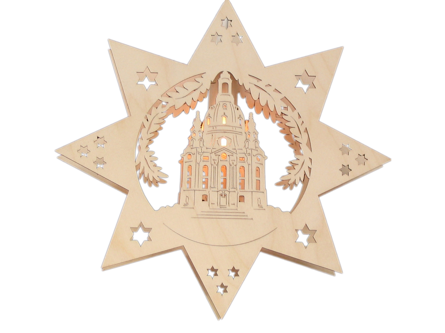 Beleuchtetes Fensterbild  Weihnachten "Dresdner Frauenkirche" Naturholz