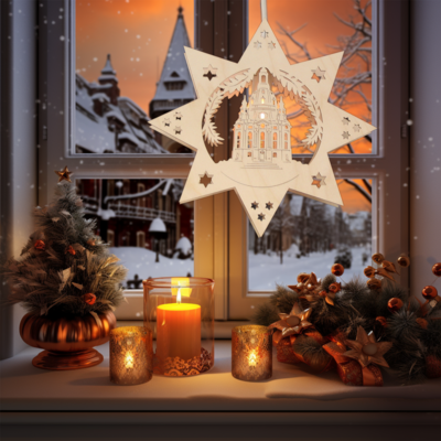 Beleuchtetes Fensterbild Weihnachten "Dresdner Frauenkirche" Naturholz