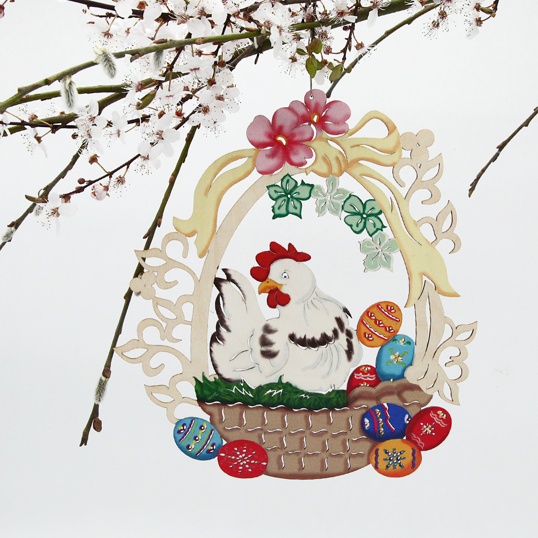 Holzdeko Ostern Fensterbild  24 cm Holz  Motiv: Huhn mit Ostereiern