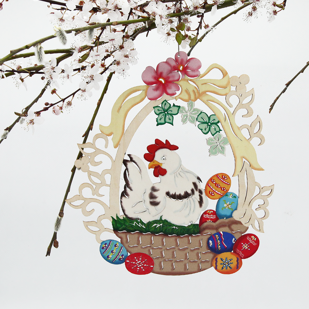 Holzdeko Ostern Fensterbild 24 cm Holz Motiv: Huhn mit Ostereiern