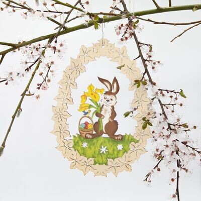Holzdeko Ostern Fensterbild 12 cm Holz Motiv: Hase mit Blumen