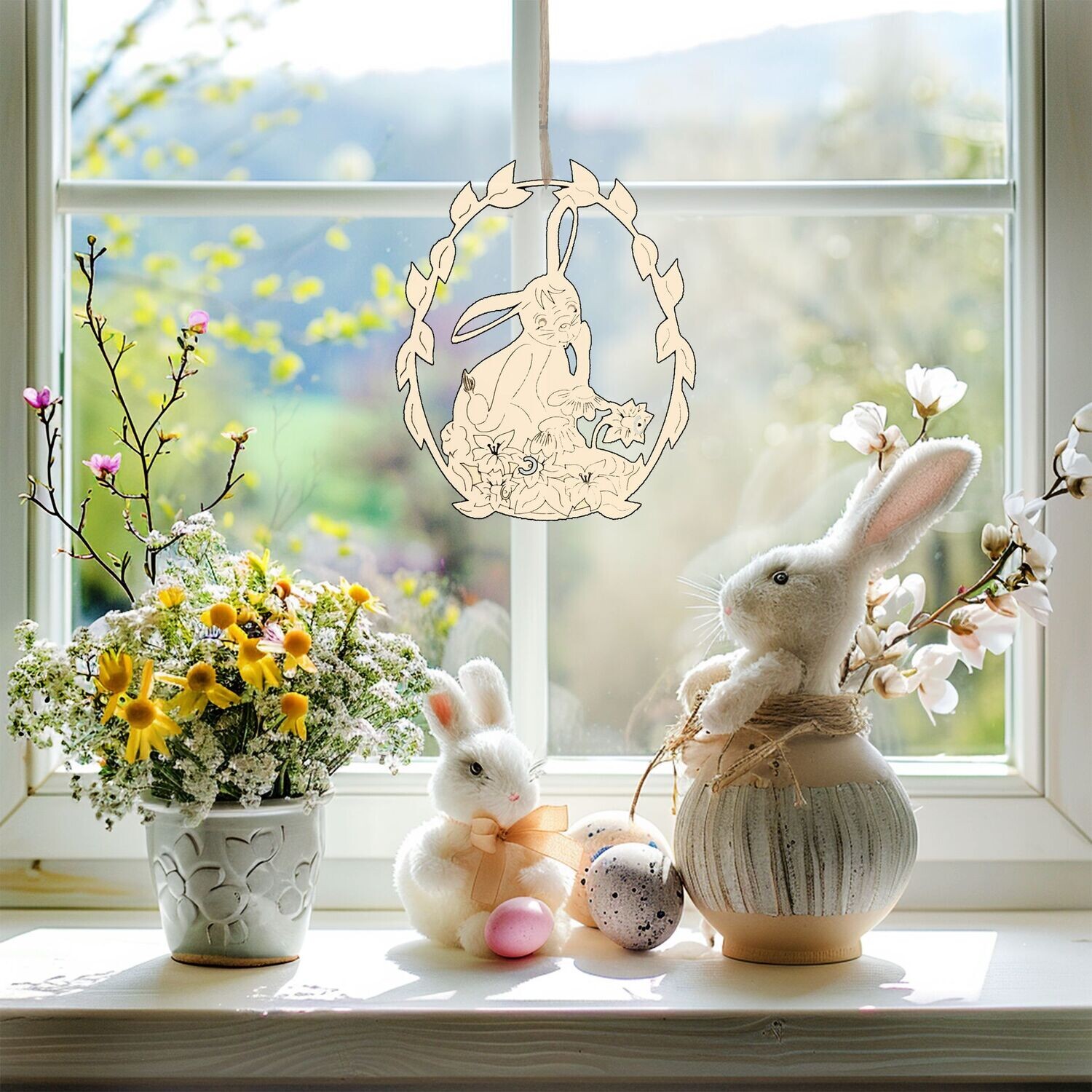 Holzdeko Ostern Fensterbild Holz 23 cm Holz  Motiv: Hase mit PINSEL