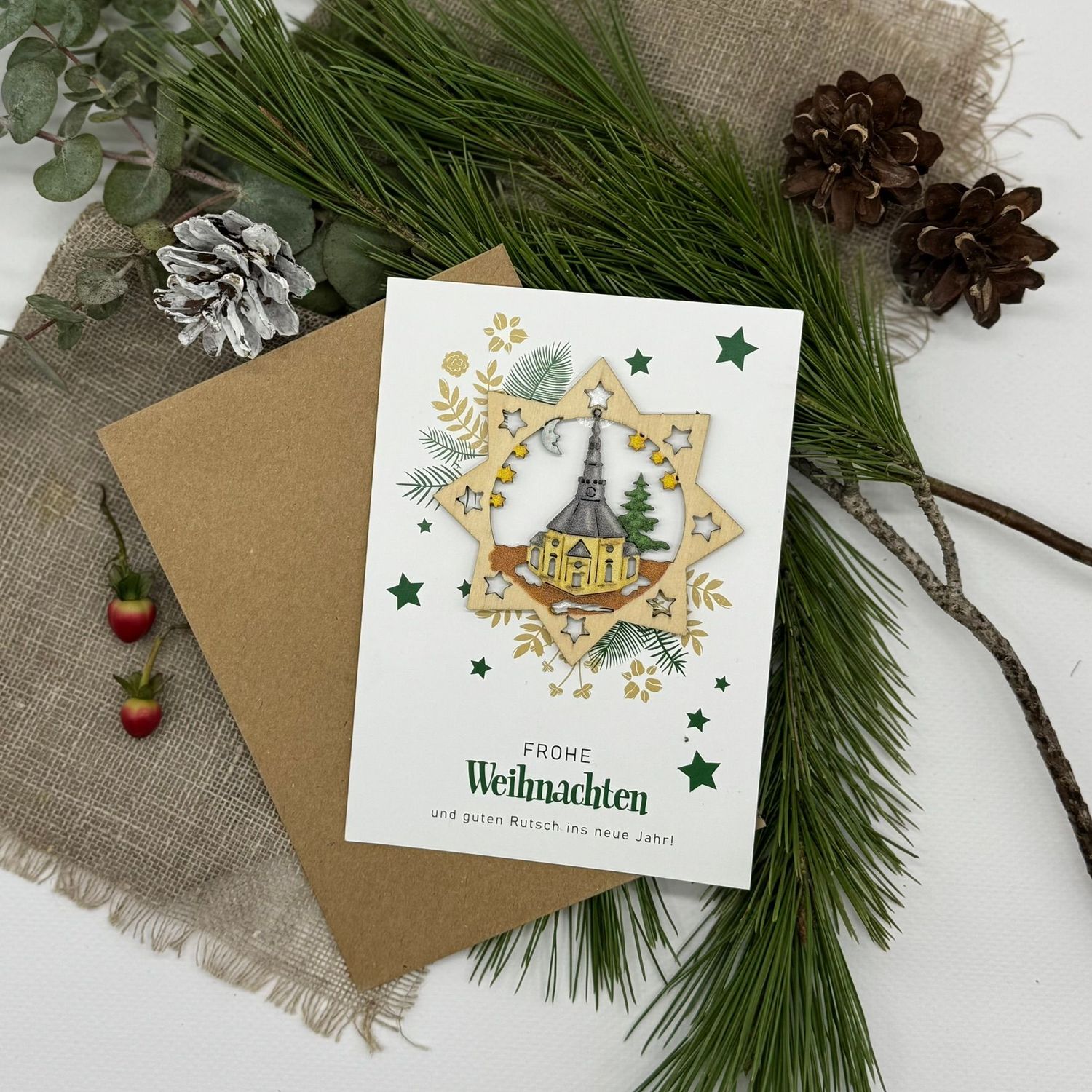 Weihnachtskarte mit Holzanhänger "Seiffener Kirche"