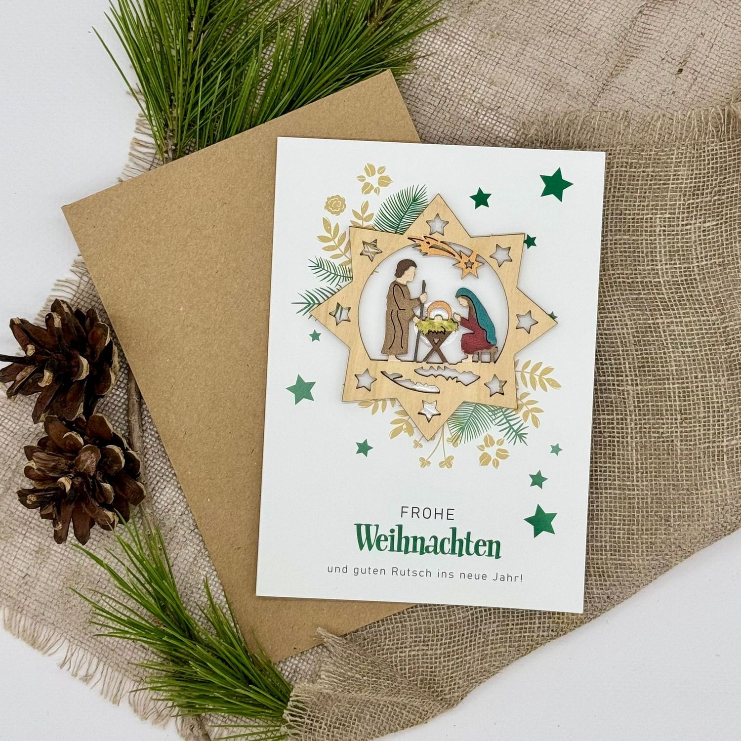 Weihnachtskarte mit Holzanhänger ""Krippe""