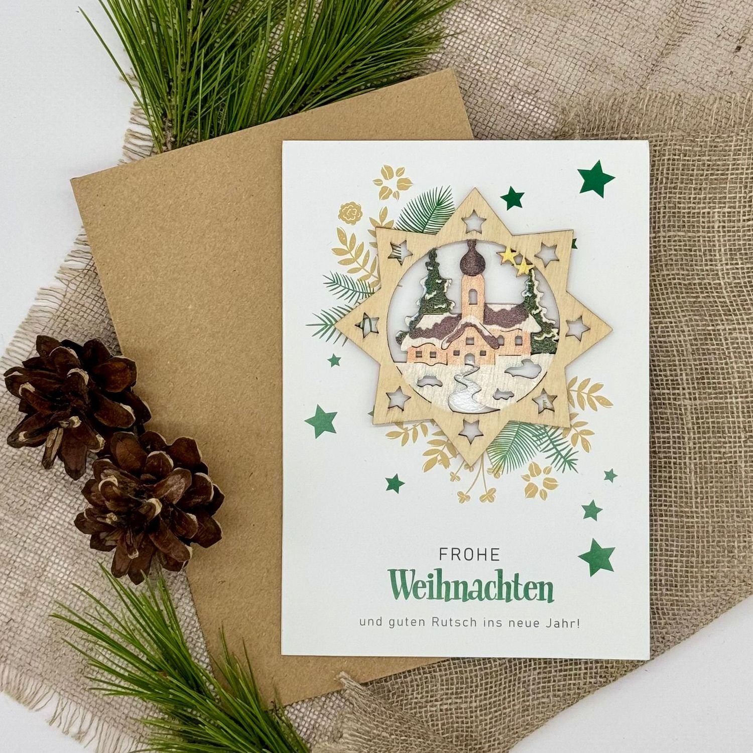 Weihnachtskarte mit Holzanhänger "Kirche"