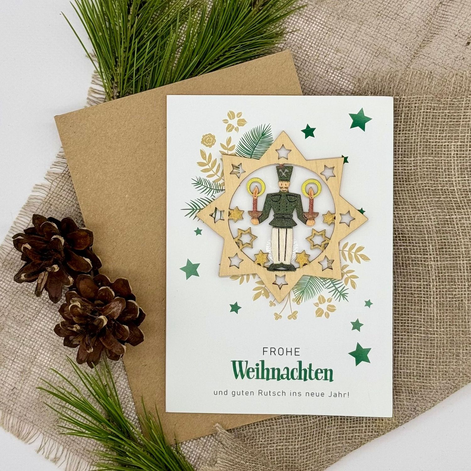 Weihnachtskarte mit Holzanhänger "Bergmann"