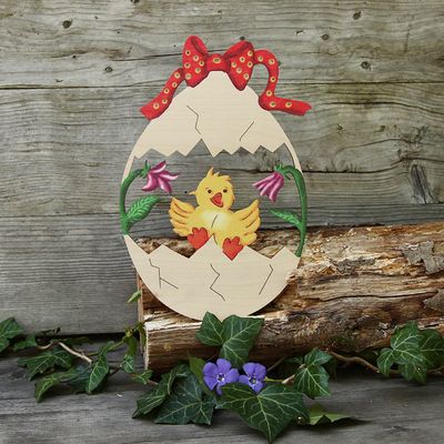 Fensterbild Ostern 23 cm Holz  Motiv: Kücken im Ei
