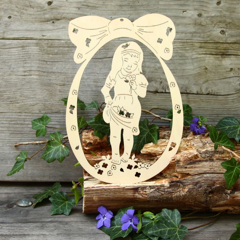 Fensterbild 24 cm Holz  Motiv: Mädchen mit Blumen