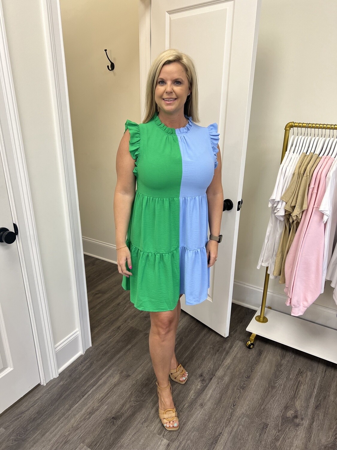 BLUE AND GREEN COLOR BLOCK DRESS