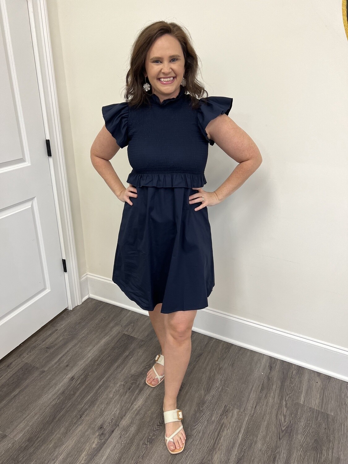NAVY FLYING SLEEVES DRESS