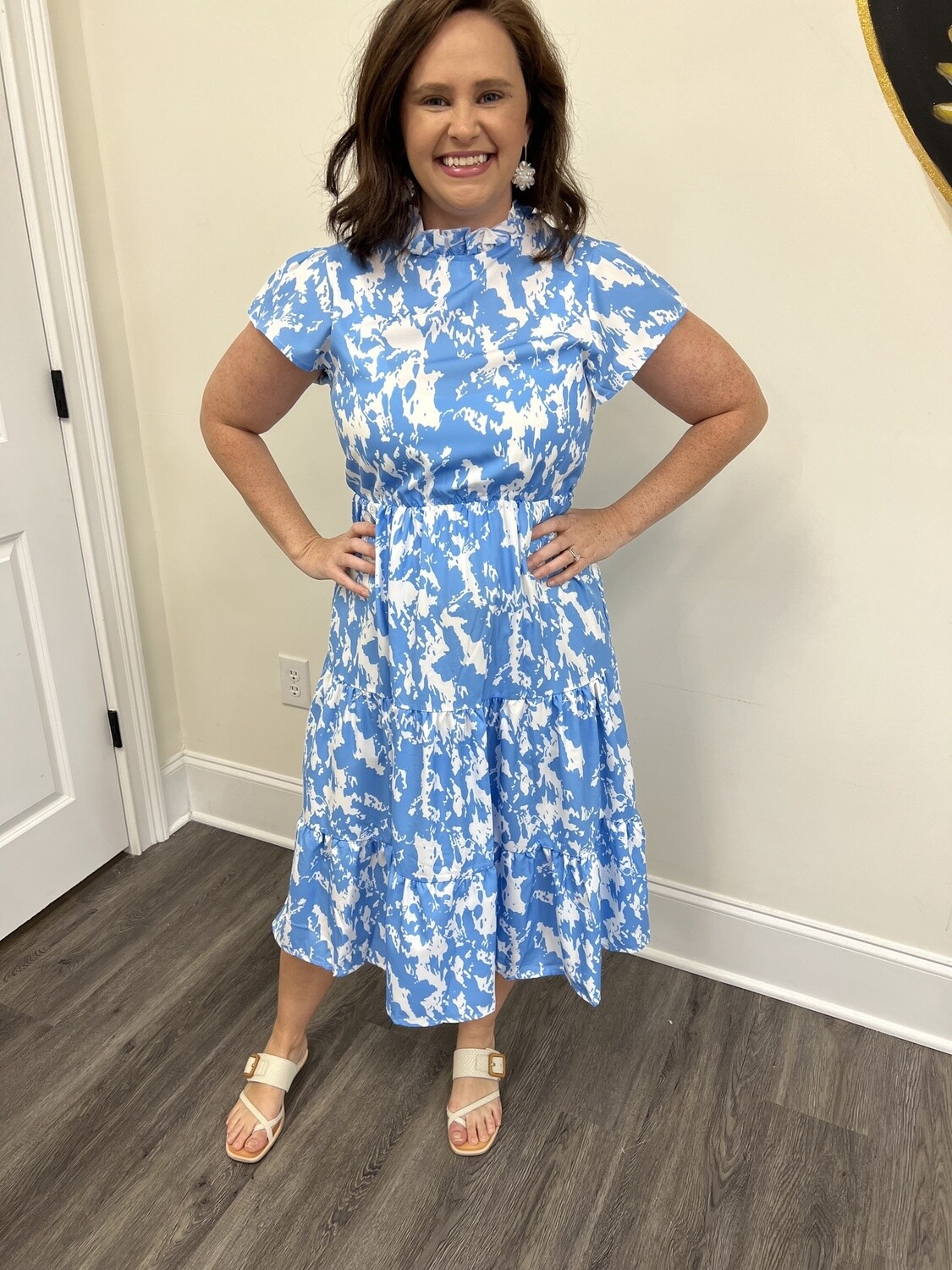 BLUE RUFFLE NECK DRESS