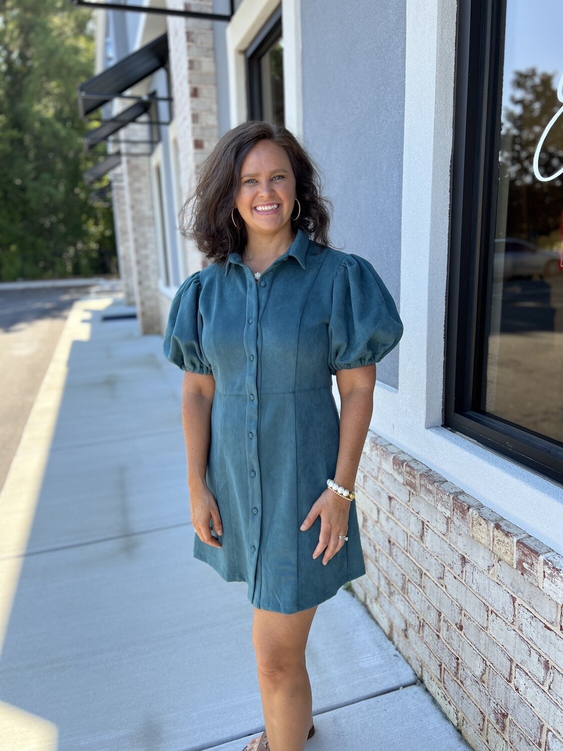 Teal button up suede dress