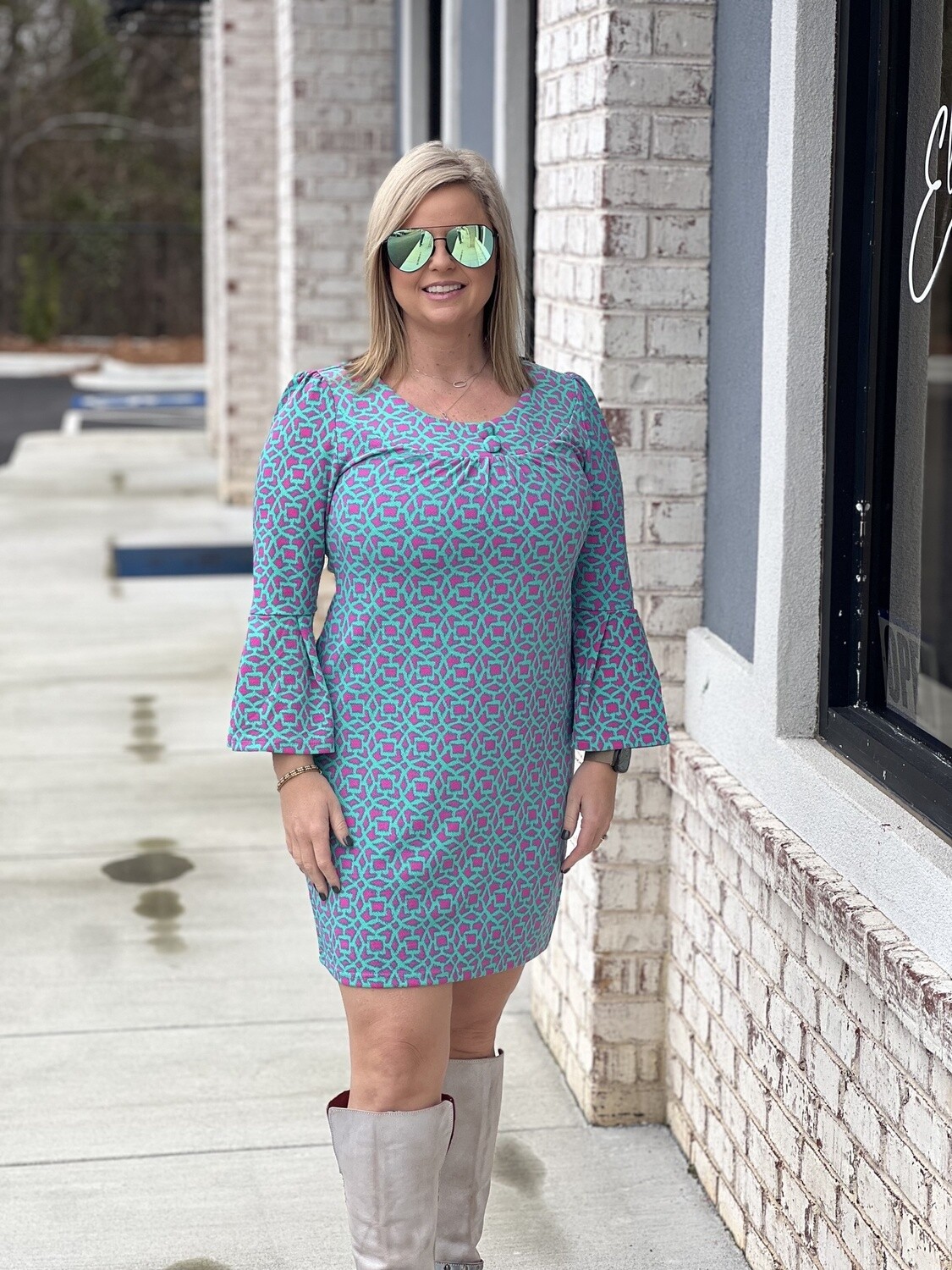TEAL PRINTED DRESS, Size: SMALL