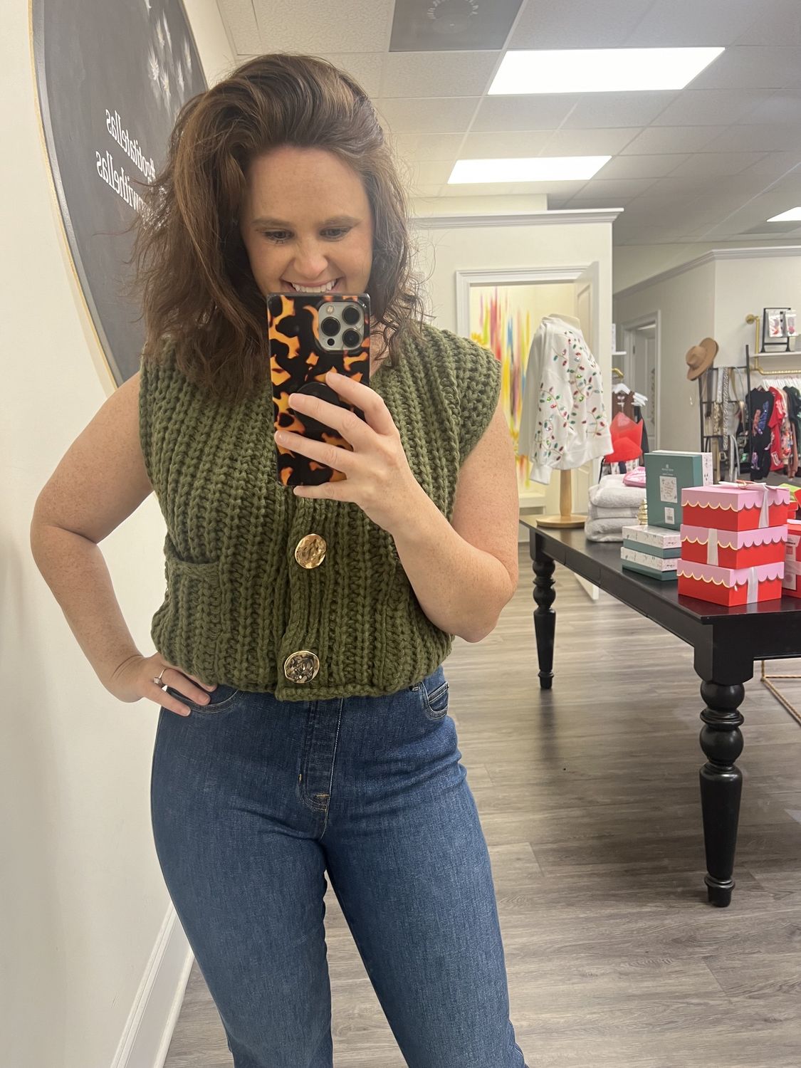 Olive vest with gold buttons