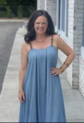 Denim mid dress with leather straps