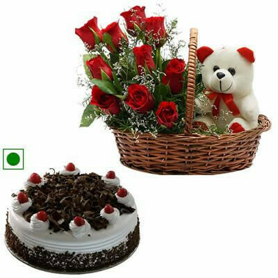 Flowers with Teddy Bear and Cake (Combo)