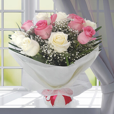 Round Bouquet of Pink and White Roses