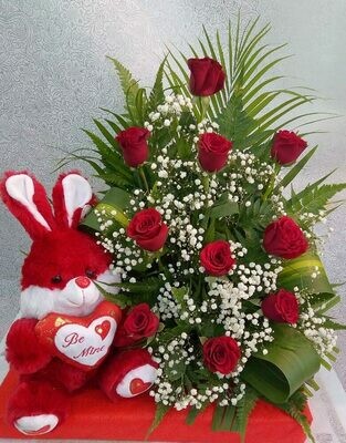 Red Roses in a Basket with Soft toy