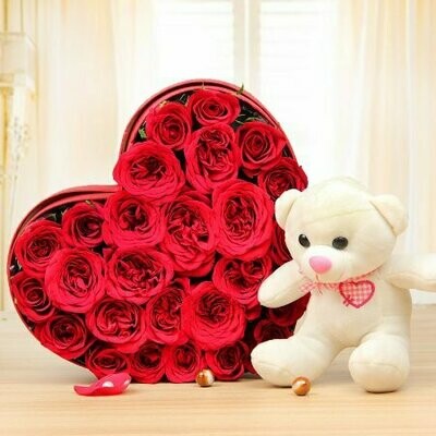 20 Roses in a Heart Box with Teddy