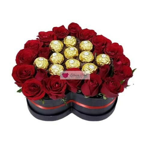 20 Roses with Chocolate in Heart Box