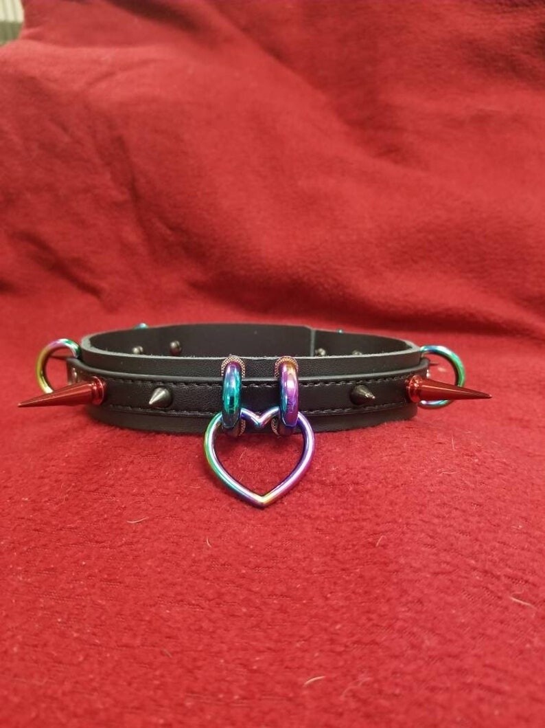 Rainbow Heart Spike Leather Collar