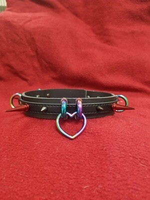 Rainbow Heart Spike Leather Collar