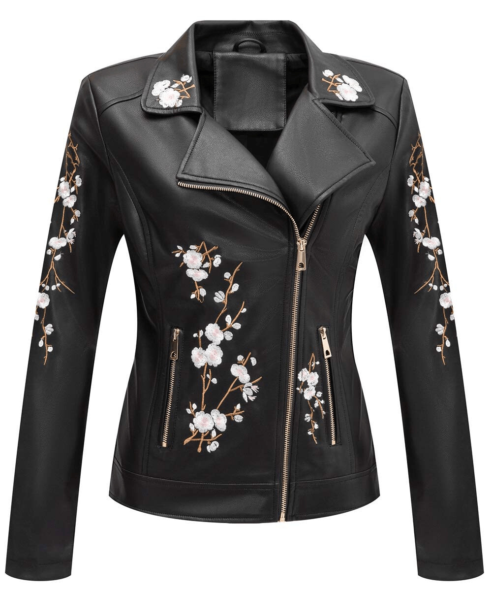Women's Leather Flower Child Casual Short Jacket, Fall and Winter Fashion Moto Bike