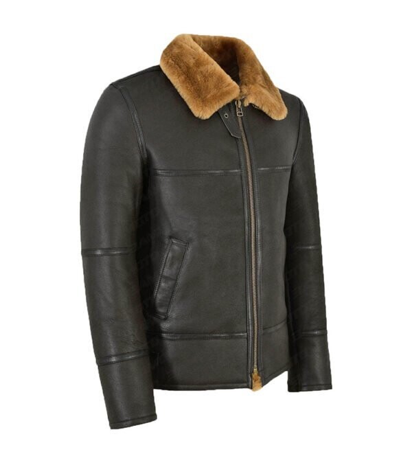Black Leather Aviator Shearling Jacket Men's