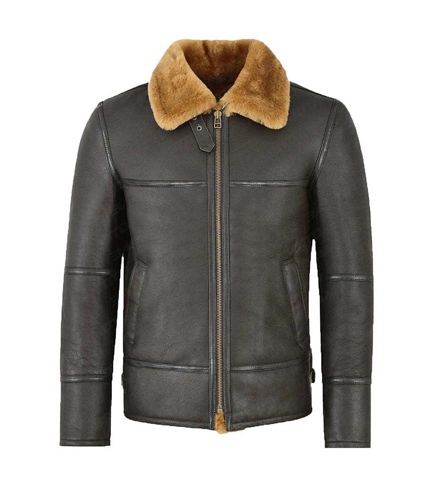 Black Leather Aviator Shearling Jacket Men's