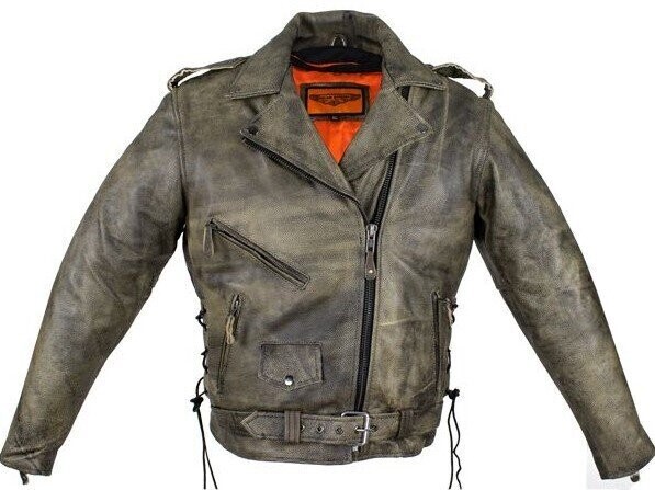 Distressed Women's Rider Brown Naked Cowhide Leather Motorcycle Jacket W/ Gun Pockets