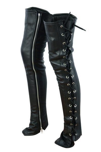 WOMEN'S BLACK THIGH HIGH LEATHER SIDE LACE LEGGINGS