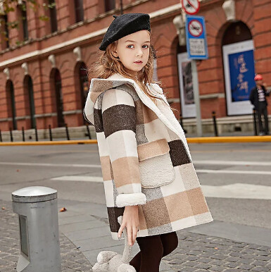 Kids Girls' Coat Light Brown Plaid Fall Winter