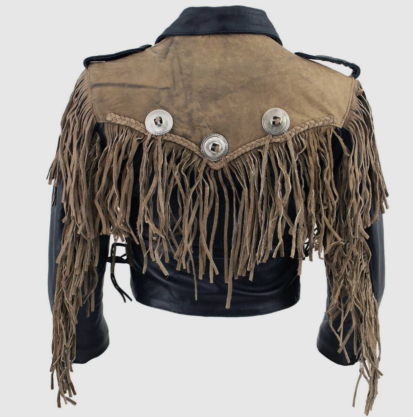 LADIES โFRINGEDโ WESTERN HOT CROPPED TWO TONE JACKET WITH BRAIDING DETAIL