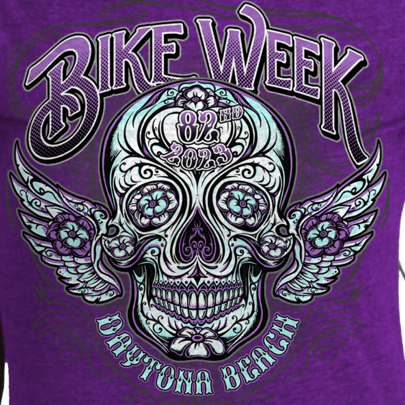 LIMITED DAYTONA BEACH ANTIQUE SUGAR SKULL LADIES T-SHIRT